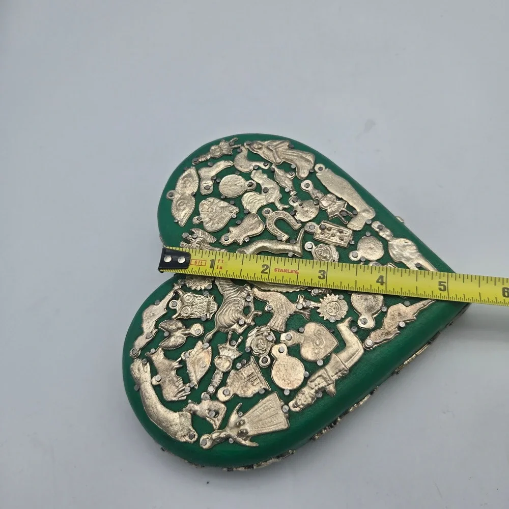 Mexican Milagros Green Painted Wood Heart Plaque Folk Art Wall Hanging Guadalupe